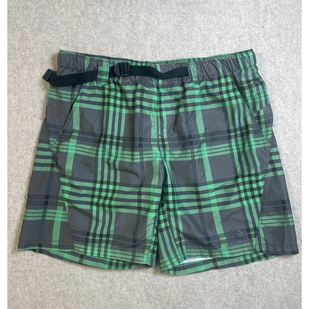 THE North Face Shorts Mens Size LG Plaid Green Swim Suit Trunks Belt and Pockets